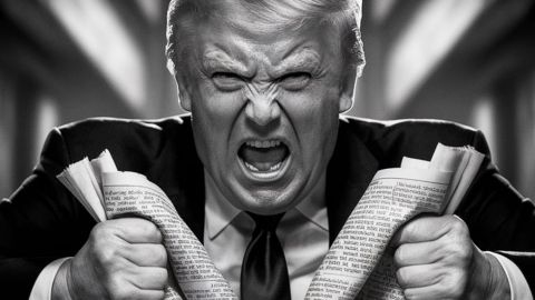 Une image N&B faite par IA de Trump super énervé qui déchire un journal