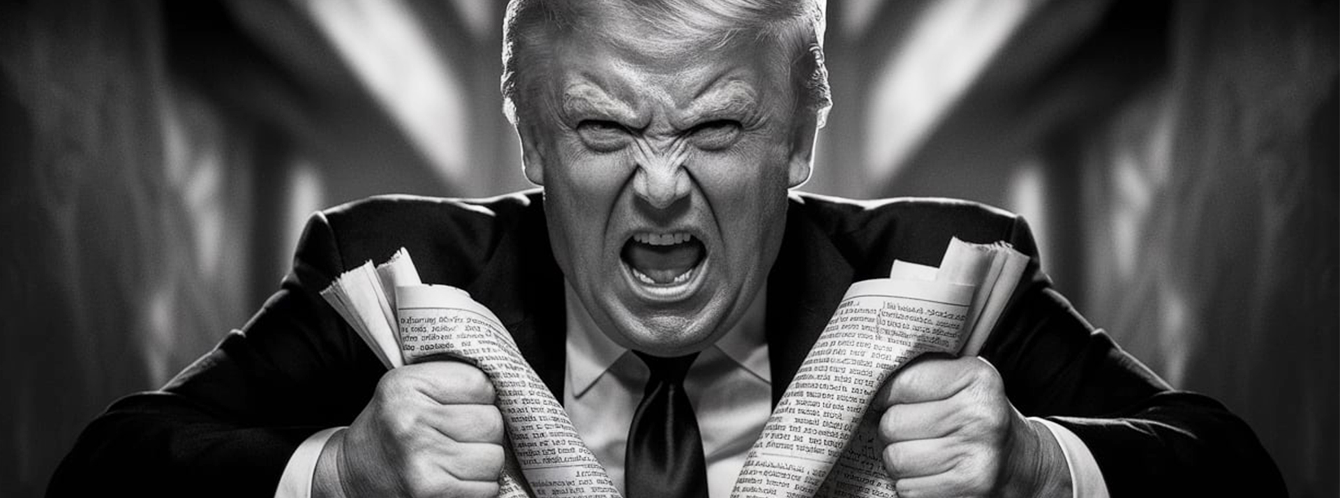 On achève bien les média : la méthode Trump pour mettre les journalistes au pas - L'ADN Une image N&B faite par IA de Trump super énervé qui déchire un journal