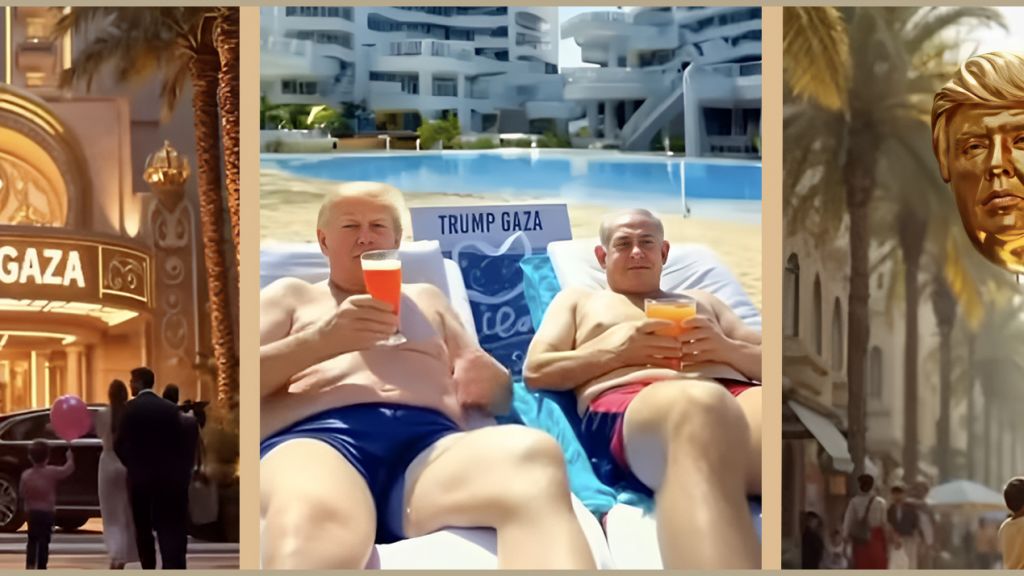 26-02-IA-fascisme Trump et Netanyahu sirotant un cocktail devant une piscine après un bon génocide