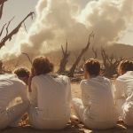 Des chercheurs de dos en blouse blanche de dos dans un désert avec des arbres morts