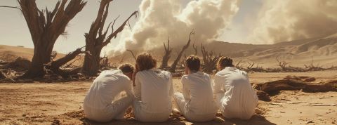 Trump enterre une étude majeure sur la biodiversité : les chercheurs contre-attaquent Des chercheurs de dos en blouse blanche de dos dans un désert avec des arbres morts