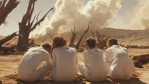 Des chercheurs de dos en blouse blanche de dos dans un désert avec des arbres morts