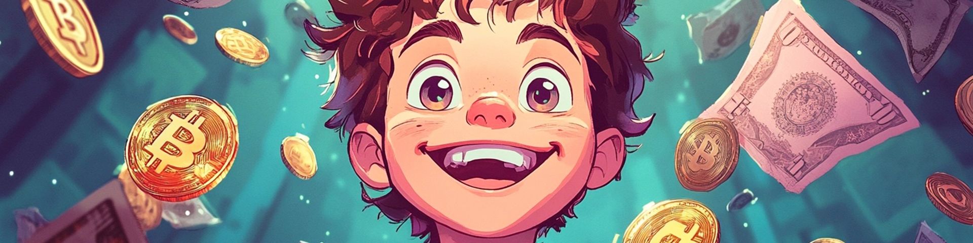 un jeune garçon euphorique entouré de cryptos, billets