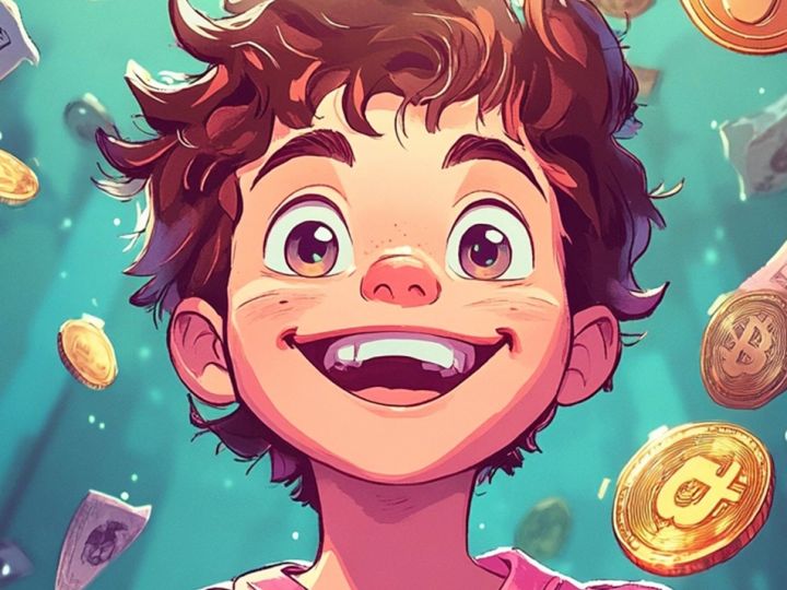 un jeune garçon euphorique entouré de cryptos, billets