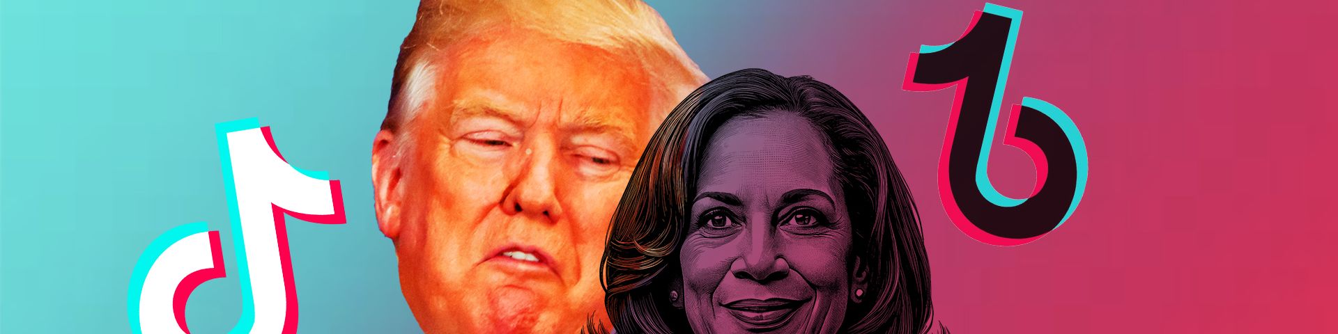 Donald Trump et Kamala Harris sur fond et logos Tiktok