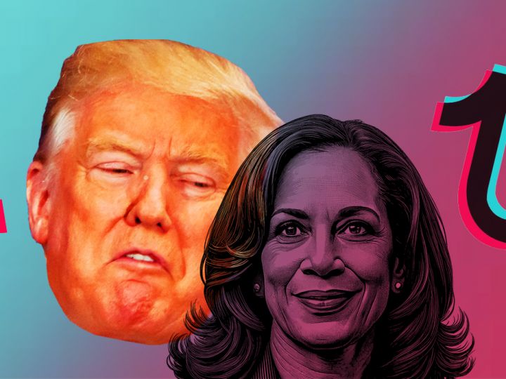 Donald Trump et Kamala Harris sur fond et logos Tiktok