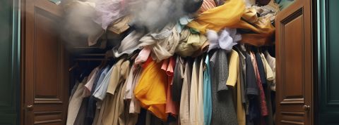 Report de la loi anti-fast fashion : Shein a-t-elle infiltré nos institutions ? Une pile de vêements qui dégouline d'une armoire
