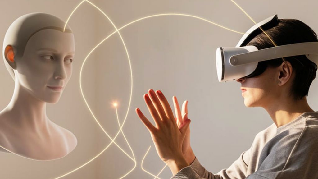 Une personne avec un masque VR et un avatar