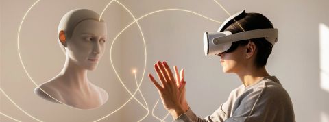 Thérapie par avatar : dialoguer avec ses démons intérieurs pour les faire taire Une personne avec un masque VR et un avatar
