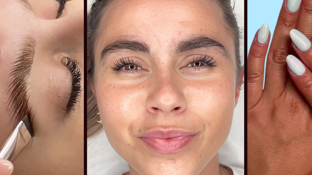 Des gros plans de brow lift et une main avec de faux ongles