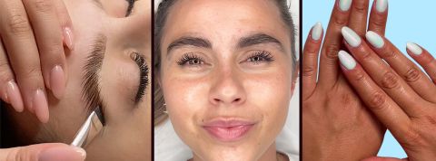 Faux cils, faux ongles, brow lift… la beauté se pratique en kit Des gros plans de brow lift et une main avec de faux ongles
