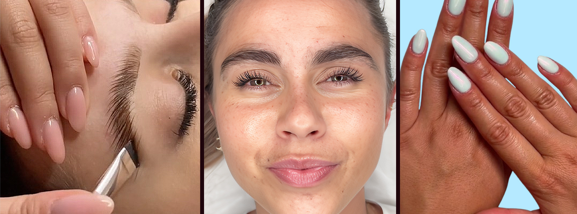 Faux cils, faux ongles, brow lift… la beauté se pratique en kit - L'ADN Des gros plans de brow lift et une main avec de faux ongles