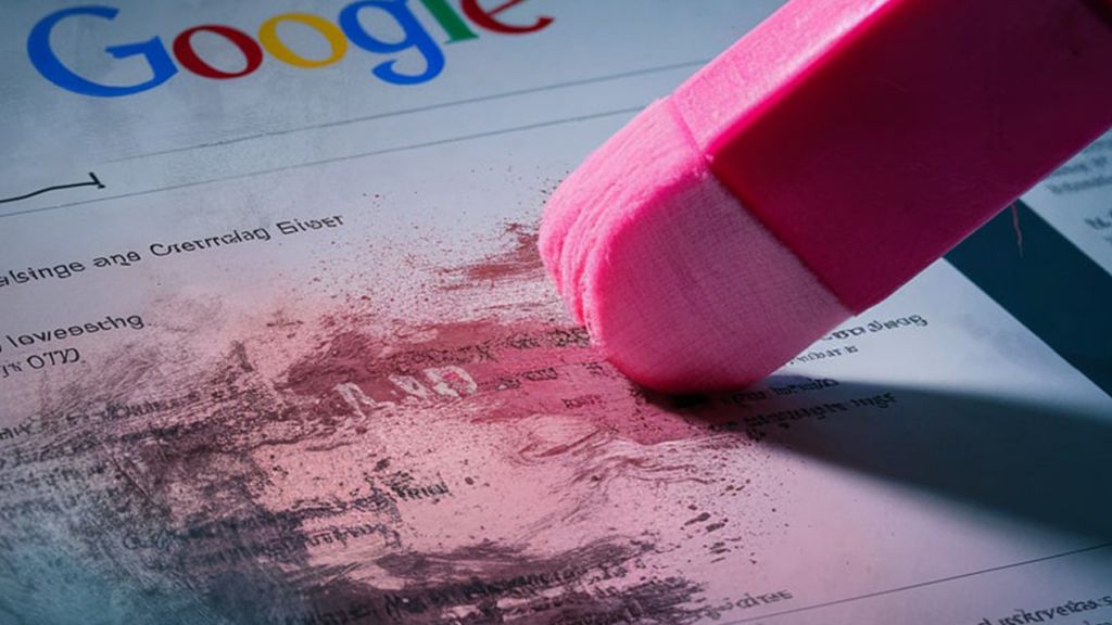 Une gomme rose qui efface le contenu d'une page de recherche Google