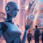 Un univers futuriste avec des médias sur des écrans et des IA qui ressemblent à des humains