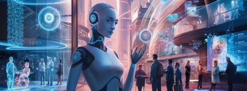 endances 2025 : bienvenue dans le « beyond » selon Amy Webb Un univers futuriste avec des médias sur des écrans et des IA qui ressemblent à des humains