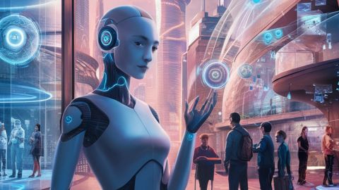 Un univers futuriste avec des médias sur des écrans et des IA qui ressemblent à des humains