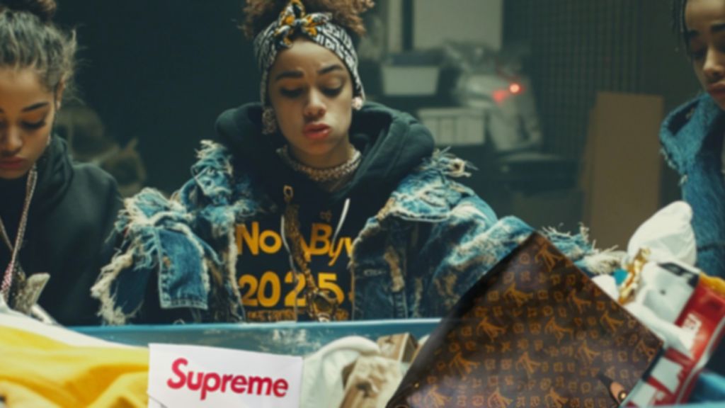 Trois GenZ pas intéressées devant une poubelle contenat des accessoires de luxe