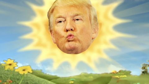 un soleil trump dans le paysage de teletubies