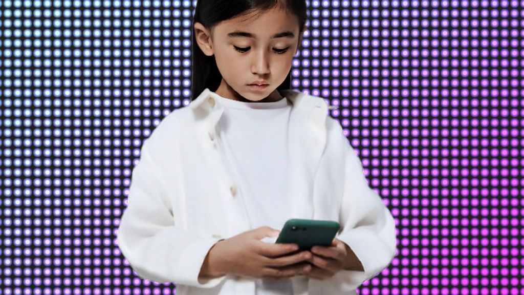 une petite fille regarde son portable