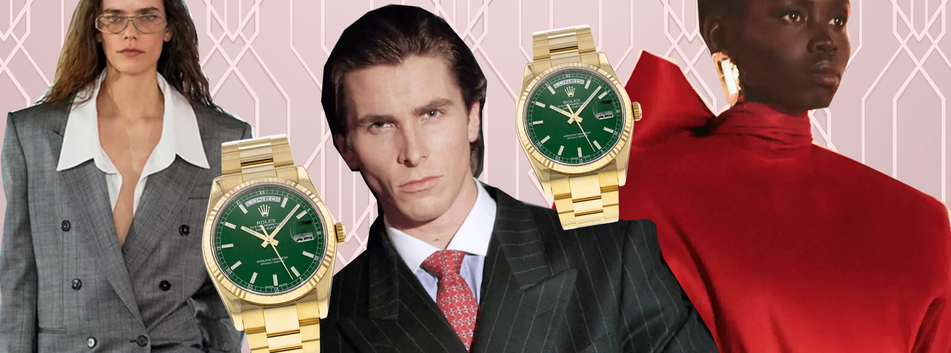 Des looks tape-à-l’œil et un mode de vie digne d’un golden-boy des années 1980 : en pleine crise économique et politique, l’esthétique « boom boom » vante l’excès sans complexe. - L'ADN Silhouettes de défilés YSL, Christian Bale dans American Psycho des Rolex en or