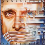 un homme dont la bouche est remplacée par des circuit imprimé