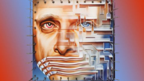 un homme dont la bouche est remplacée par des circuit imprimé