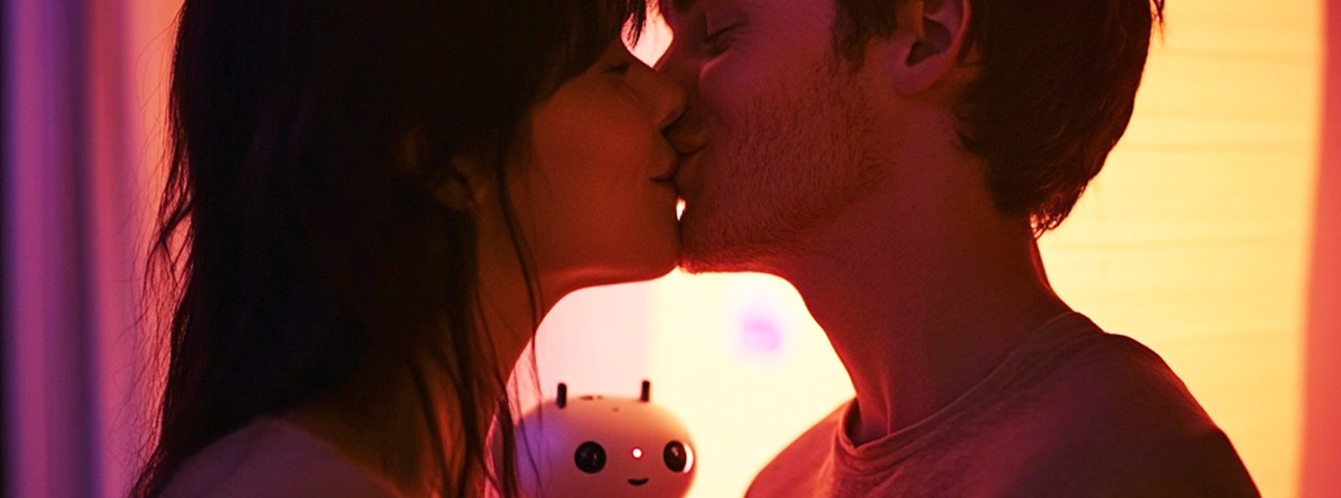 Chat GPT a sauvé mon mariage - L'ADN Un couple s'embrasse tandis qu'un petit robot les regarde