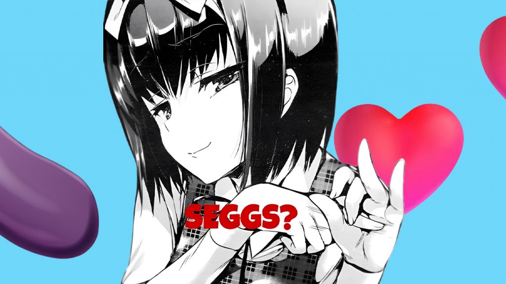 Dessin manga d'une fille avec le mot seggs et des emojis coeur et aubergine