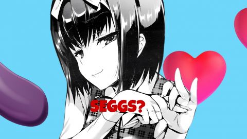 Dessin manga d'une fille avec le mot seggs et des emojis coeur et aubergine