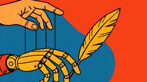 une main humaine dirige une main robotique