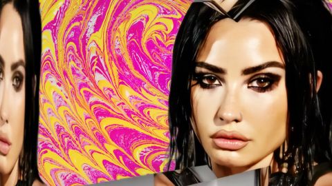 Demi Lovato sur fond psychédélique rose et jaune