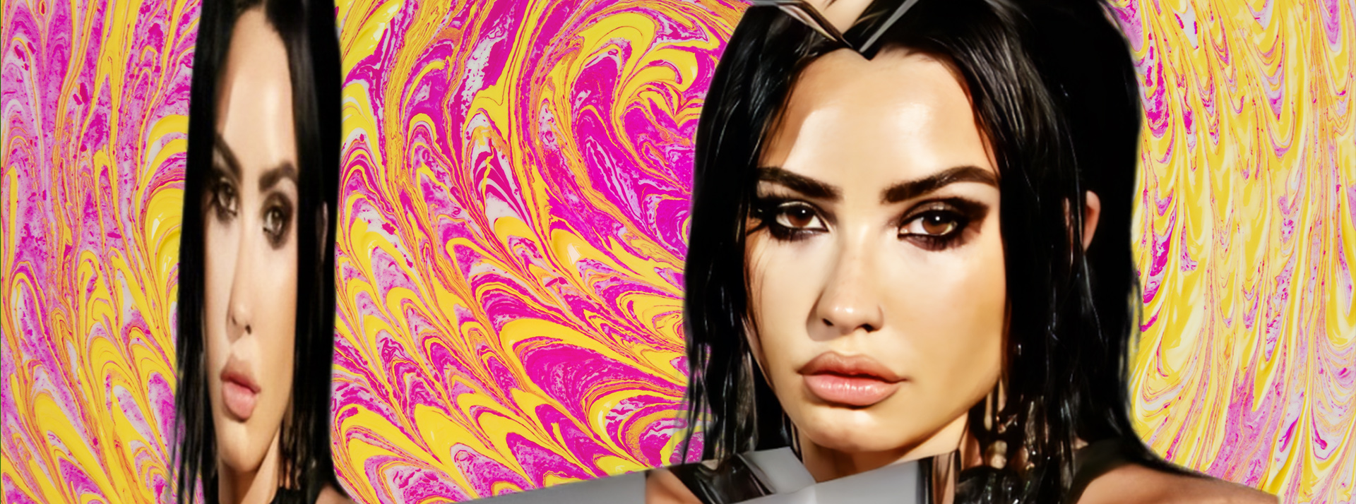 Demi Lovato sur fond psychédélique rose et jaune