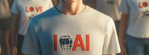 Un. homme avec un Tshirt I Love AI suivi de beaucoup de monde portant le même