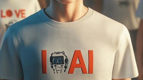 Un. homme avec un Tshirt I Love AI suivi de beaucoup de monde portant le même