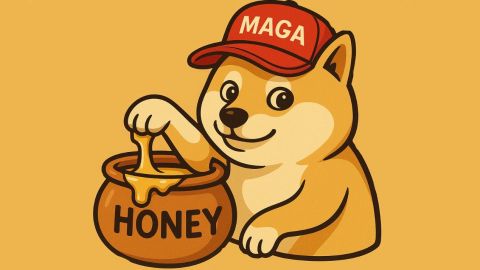 une mascotte de Shiba Inu qui trempe sa pate dans un pot de miel