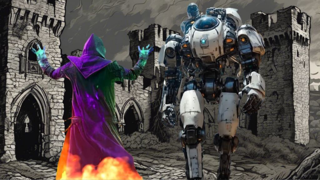 un sorcier affronte un robot dans un donjon