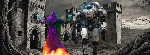 jeu de rôle un sorcier affronte un robot dans un donjon