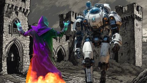 un sorcier affronte un robot dans un donjon