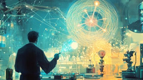 Illustration par IA d'une sorte de laboratoire avec ordinateurs, particules