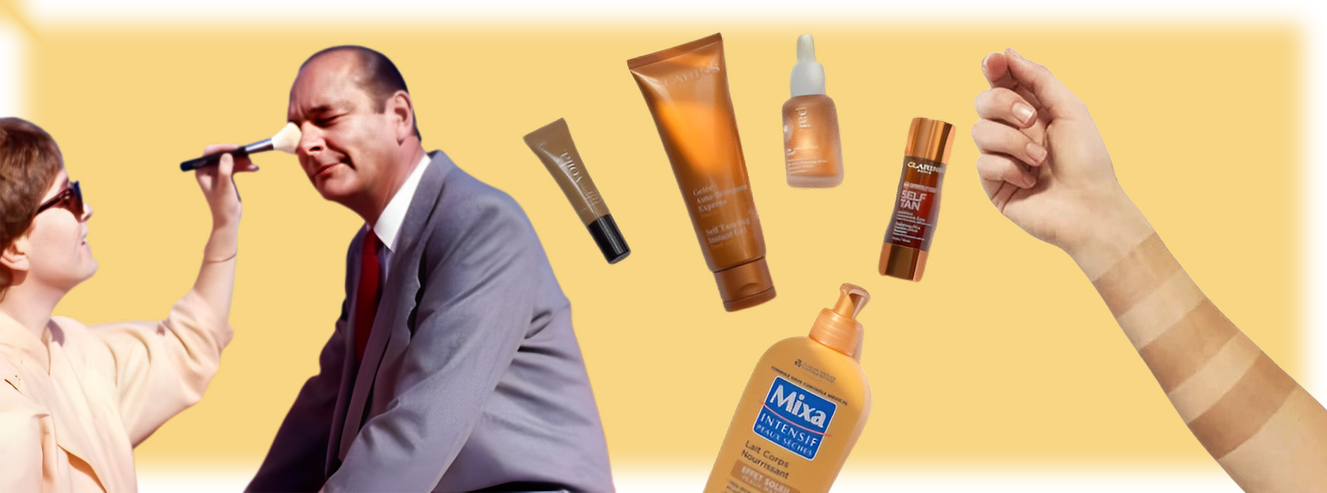 Simuler un teint hâlé ou un coup de soleil : la nouvelle lubie des influenceuses beauté - L'ADN Jacques Chirac qui se fait maquiller, des produits autobronzants et un bras avec 3 nuances de hâle