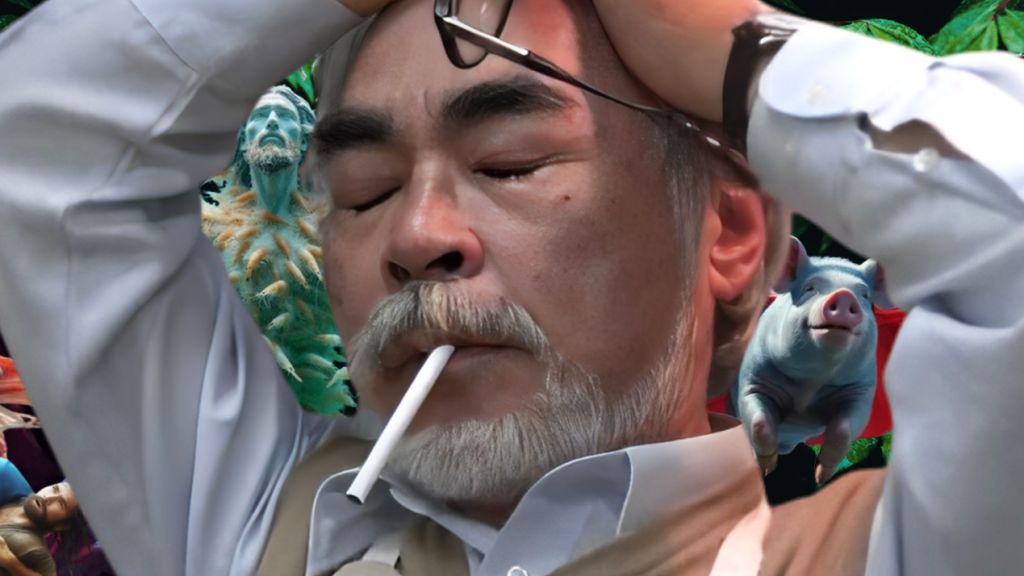 Miyazaki excédé devant un fond de SlopIA