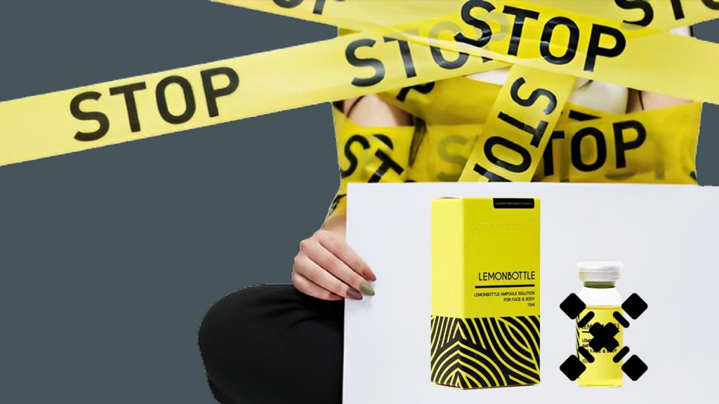 Une slihouette féminine avec une affiche sur laquelle le lemon bottle barré d'une croix, plus du scotch jaune warning