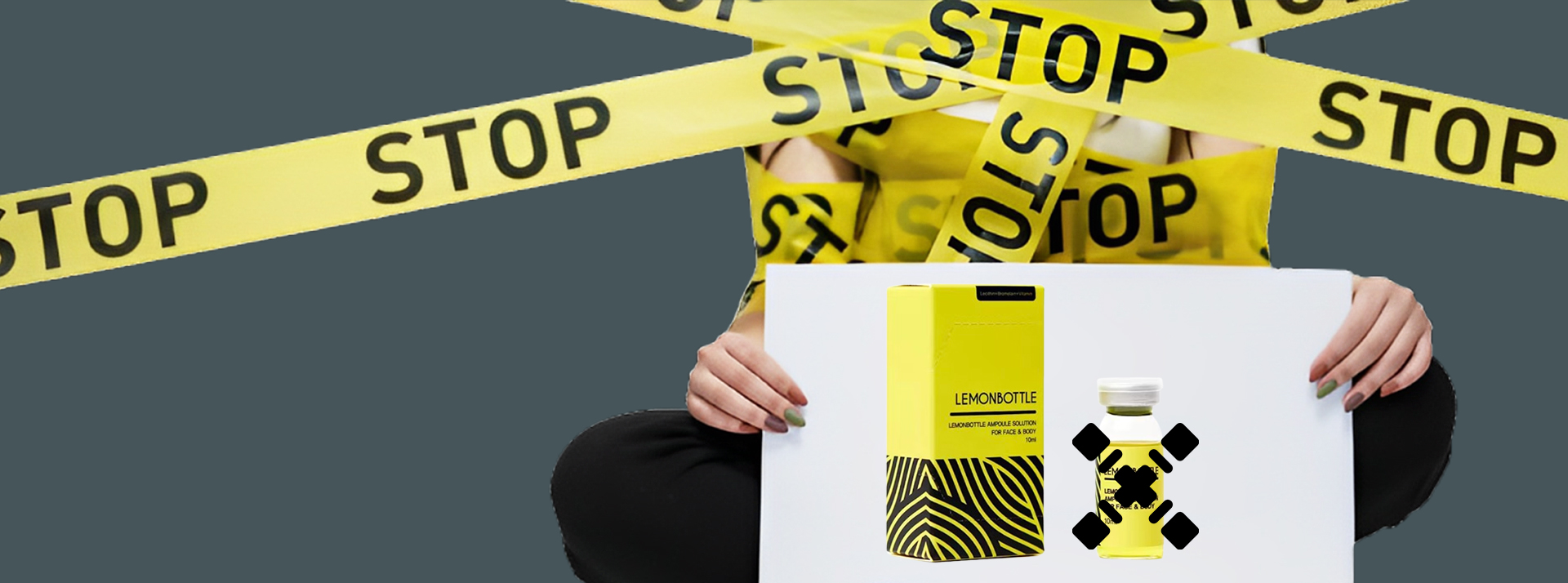 Une slihouette féminine avec une affiche sur laquelle le lemon bottle barré d'une croix, plus du scotch jaune warning