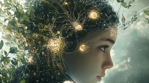 Une image AI d'un profil féminin avec des diodes et des cheveux faits de nature