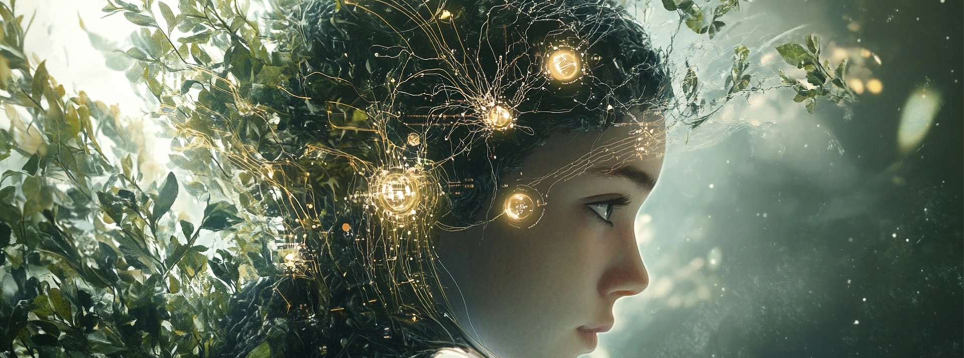 Pensée augmentée ou clone numérique : pourquoi il faut dépasser le mythe de l'intelligence artificielle générale (AGI) - L'ADN Une image AI d'un profil féminin avec des diodes et des cheveux faits de nature