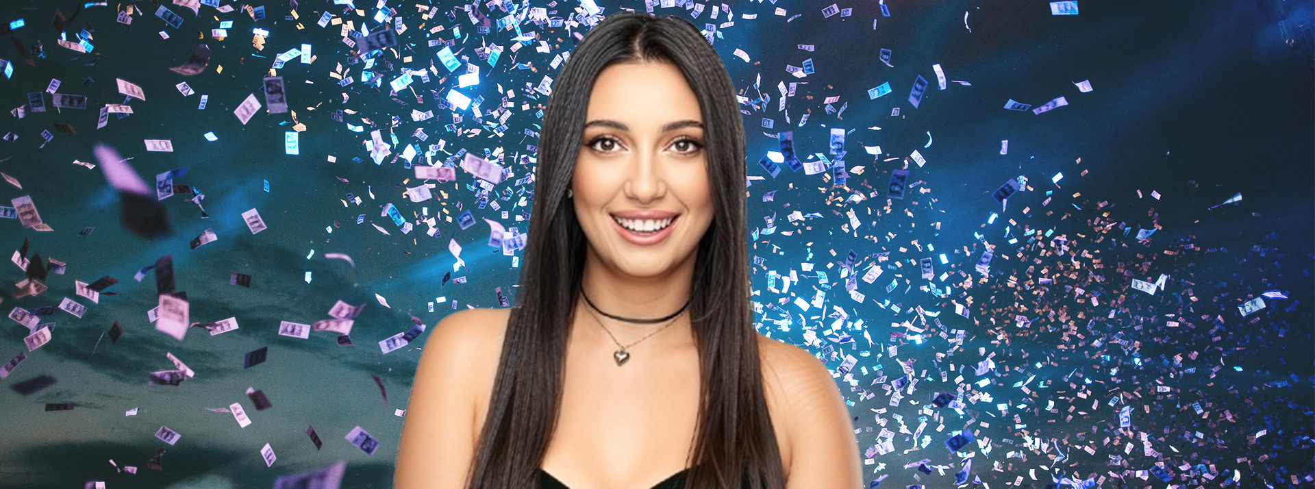 La deuxième place de Yuval Raphael à l’Eurovision fait polémique sur les réseaux - L'ADN Yuval Rapahel sur un fond bleu avec des grands confettis dans l'air