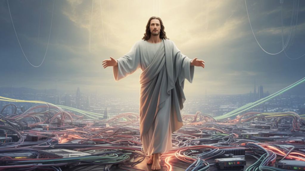 Illustration IA de Jésus sur des câbles électriques