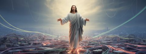 À force de flagornerie, le chatbot d’OpenAI déclenche des fantasmes spirituels chez certains utilisateurs ayant des tendances aux épisodes psychotiques. Illustration IA de Jésus sur des câbles électriques