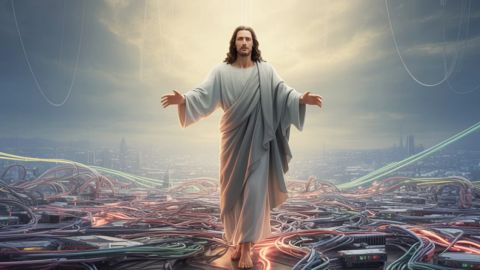 Illustration IA de Jésus sur des câbles électriques