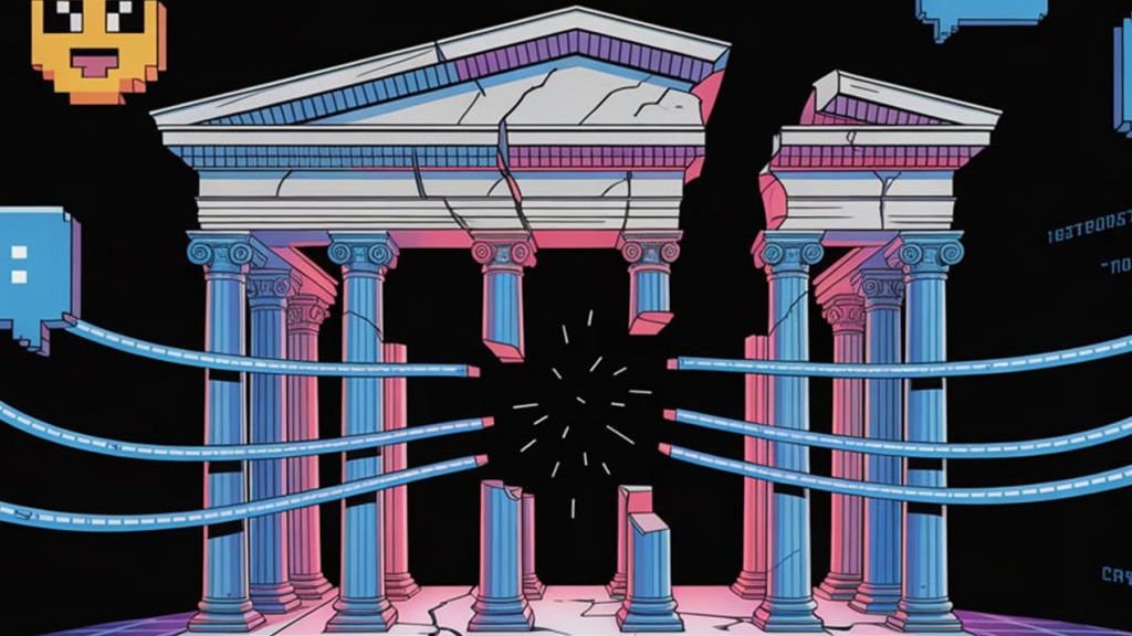 Une agora classique (style grec ancien) flottant dans un espace numérique, mais fracturée en plusieurs morceaux interconnectés par des câbles ou des fils de réseau.